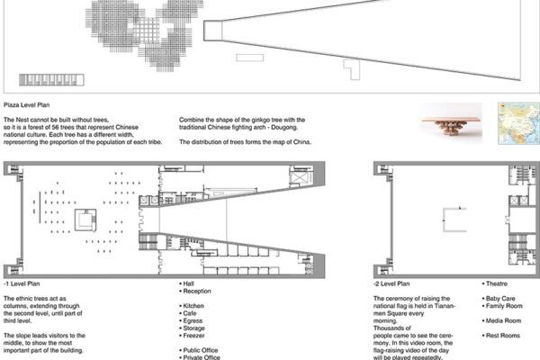Architectural plans and descriptive text for a building project, perhaps a stadium, with an array of trees incorporated.
