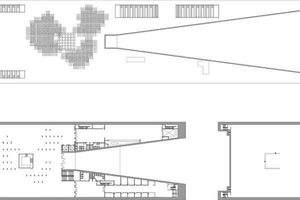 Floor plans and a roof plan. The top view is a roof plan, showing skylights or roof openings. The bottom left and right views are floor plans, detailing internal layouts.