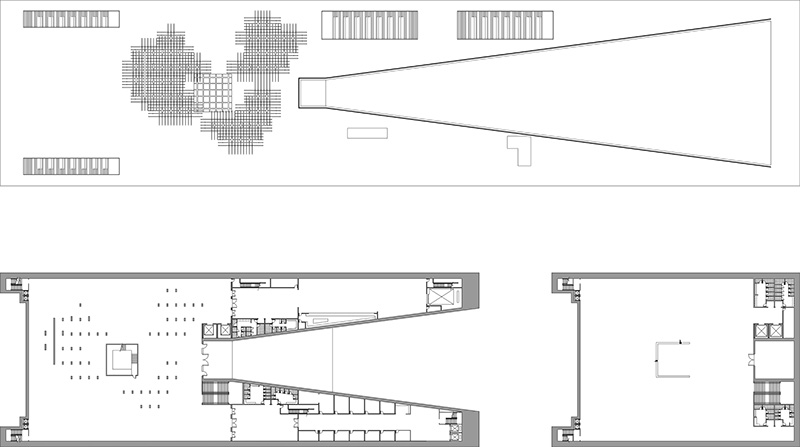 Floor plans and a roof plan. The top view is a roof plan, showing skylights or roof openings. The bottom left and right views are floor plans, detailing internal layouts.