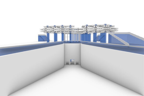 An image of an architectural model, featuring white solid walls and blue transparent elements, possibly representing precast girders or other structural components. The perspective suggests a view looking down a central channel.