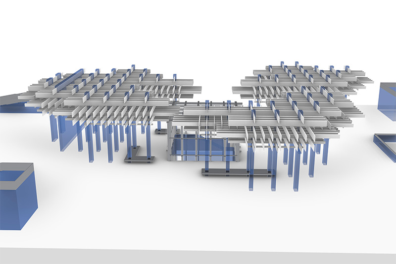 An architectural render of a structure, possibly a formwork system for concrete slabs or a beam transport system. The design uses a grid pattern of interlocking beams and blue vertical supports.
