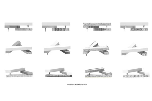 An image showing 12 different configurations of modular architectural elements. The models appear to be abstract representations of potential exhibition space layouts.