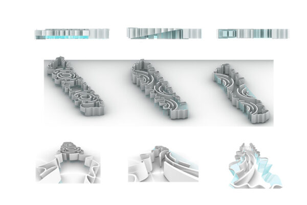 Architectural renderings and models, representing studies for pavilions or facades, focusing on intricate spatial flow and structure.