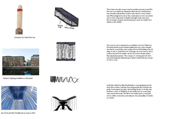 Images and text analyzing how different artists use textiles and materials in contrasting ways, exploring themes of flexibility versus rigidity, and covering new structures with old materials.