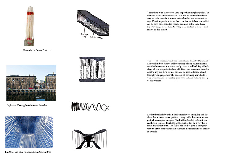 Images and text analyzing how different artists use textiles and materials in contrasting ways, exploring themes of flexibility versus rigidity, and covering new structures with old materials.