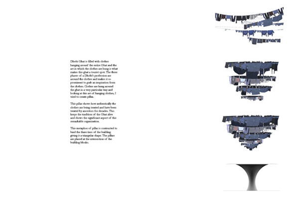Text and images of an architectural design inspired by the traditional laundry system of the Dhobi Ghat in Mumbai, India.