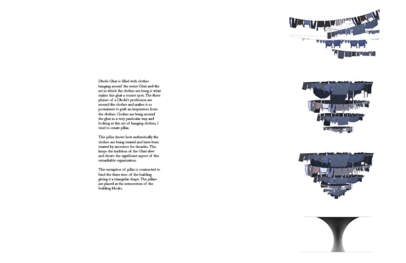 Text and images of an architectural design inspired by the traditional laundry system of the Dhobi Ghat in Mumbai, India.
