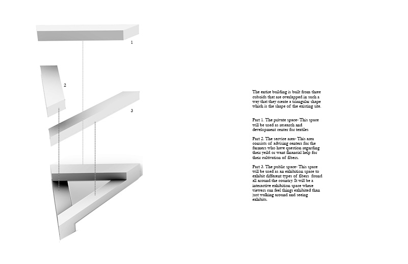 An architectural design for a building composed of three overlapped cuboids that form a triangular shape. The design divides the building into distinct functional areas.