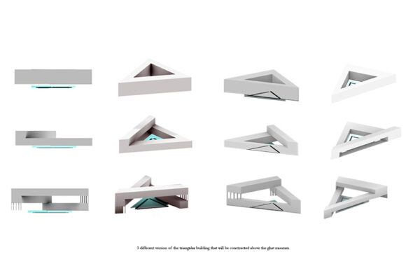 12 images detailing different architectural models for a proposed triangular building.