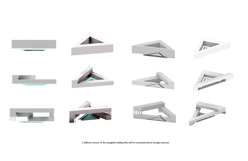 12 images detailing different architectural models for a proposed triangular building.