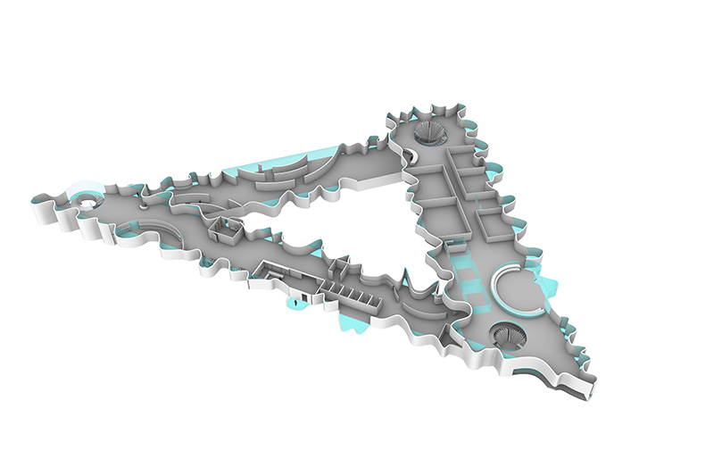 An architectural drawing detailing the inner floor plan for a proposed triangular building.