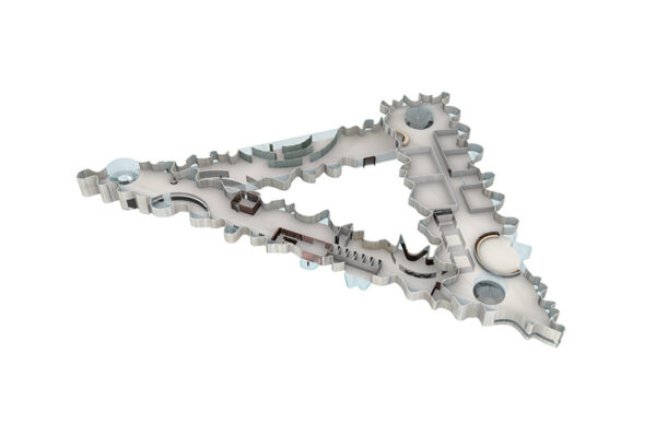 An architectural drawing detailing the inner floor plan for a proposed triangular building.