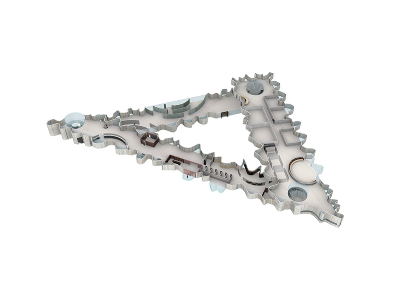An architectural drawing detailing the inner floor plan for a proposed triangular building.