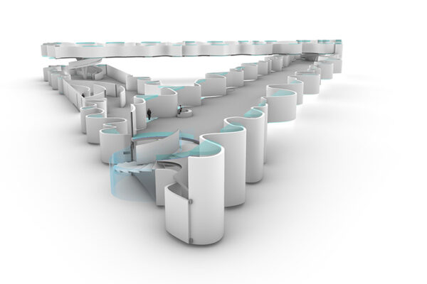 A 3D rendering showing elevations for a proposed triangular building.