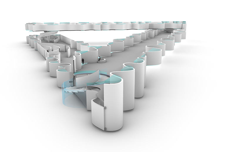 A 3D rendering showing elevations for a proposed triangular building.