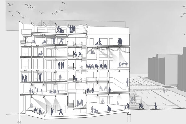 Cross section of a community centre building in SoHo including a critical care health centre.