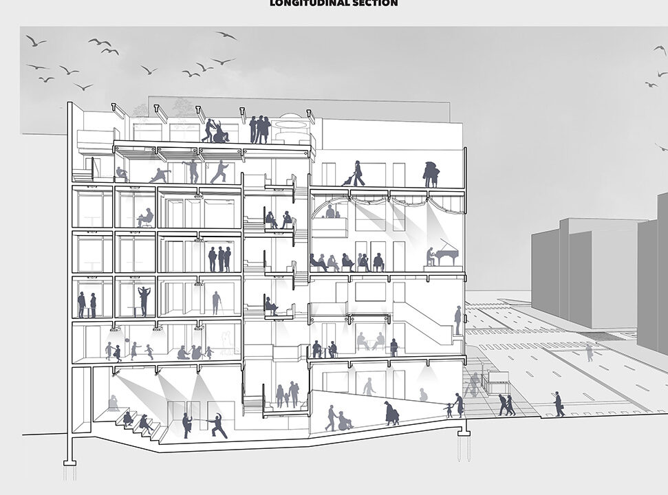 Cross section of a community centre building in SoHo including a critical care health centre.