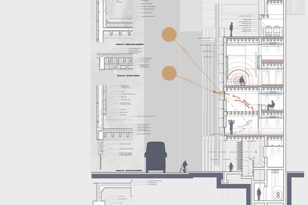 Detailed cross section of a community centre building in SoHo including a critical care health centre.
