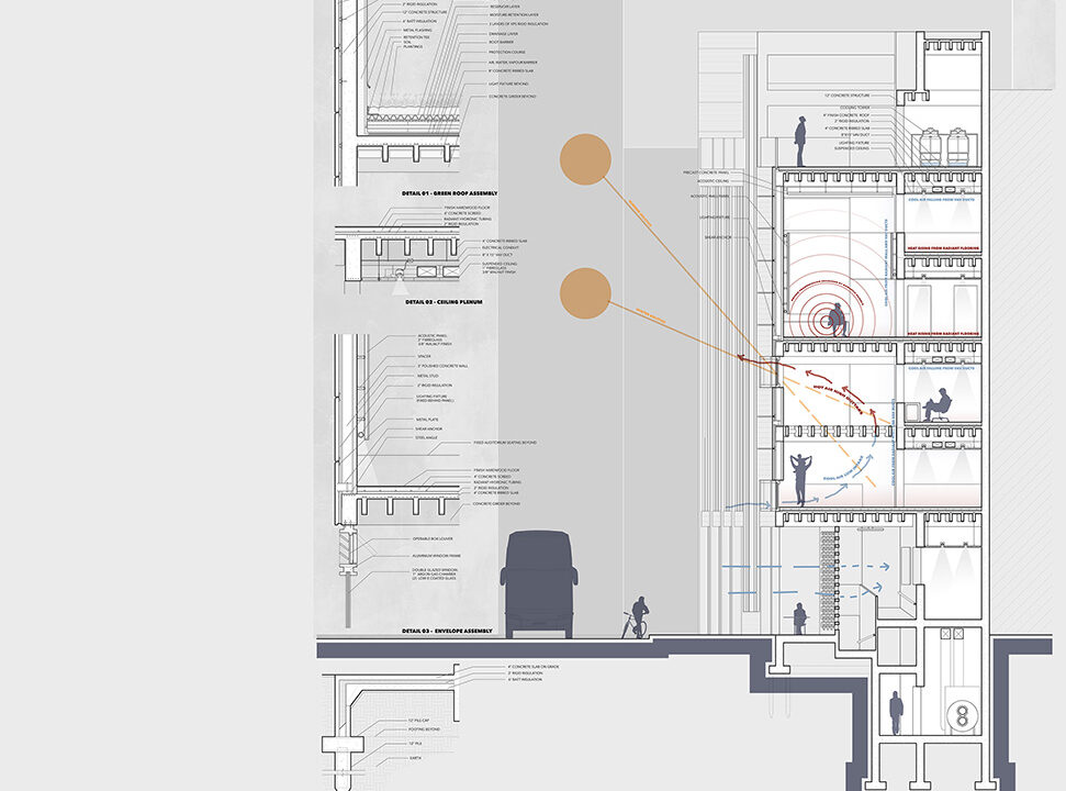 Detailed cross section of a community centre building in SoHo including a critical care health centre.