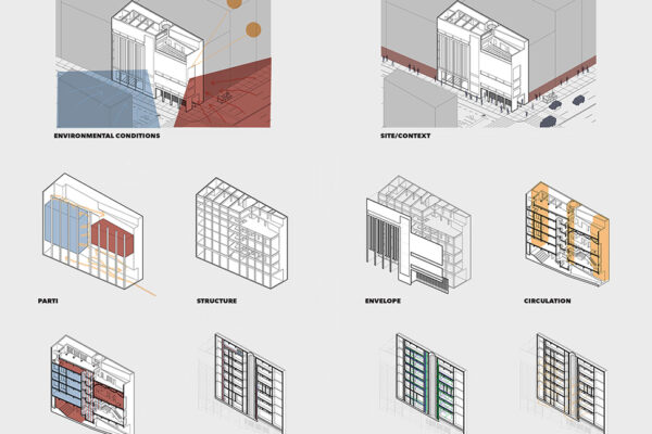 Illustration of components of a community centre building in SoHo including a critical care health centre.