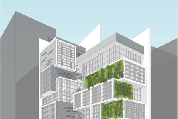 Exterior illustration of a community centre building in SoHo including a critical care health centre.
