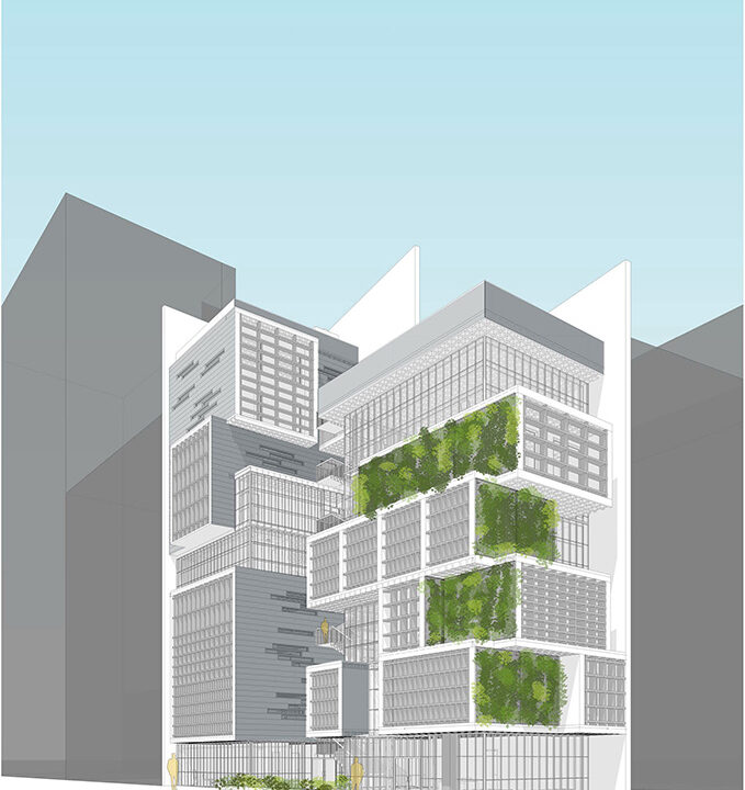 Exterior illustration of a community centre building in SoHo including a critical care health centre.