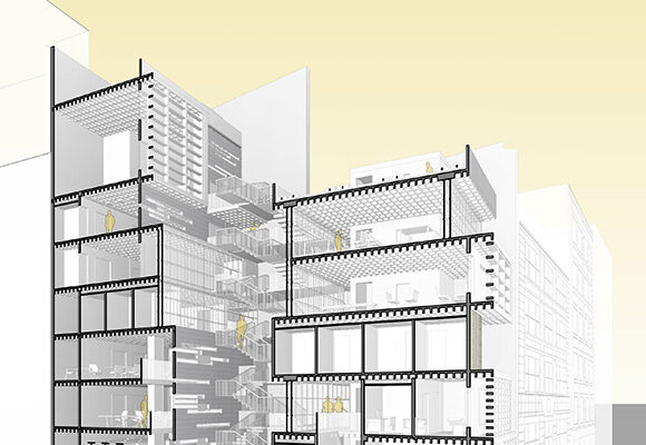 Cut away view of a community centre building in SoHo including a critical care health centre.