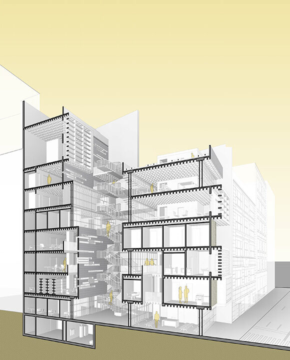 Cut away view of a community centre building in SoHo including a critical care health centre.