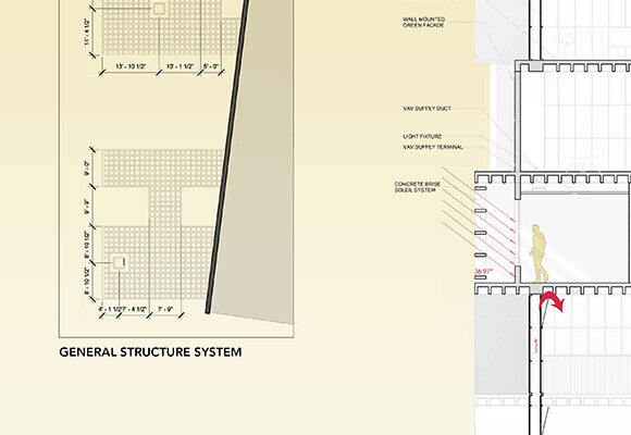 Side view and architectural detail of a community centre building in SoHo including a critical care health centre.
