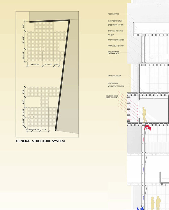 Side view and architectural detail of a community centre building in SoHo including a critical care health centre.