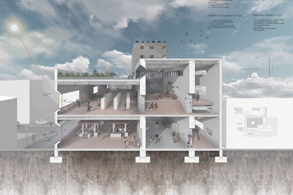 Cross section of a building in Caguas, Puerto Rico, that included a community indoor market that could transform into an evacuation center with first aid medical response during storm scenarios.