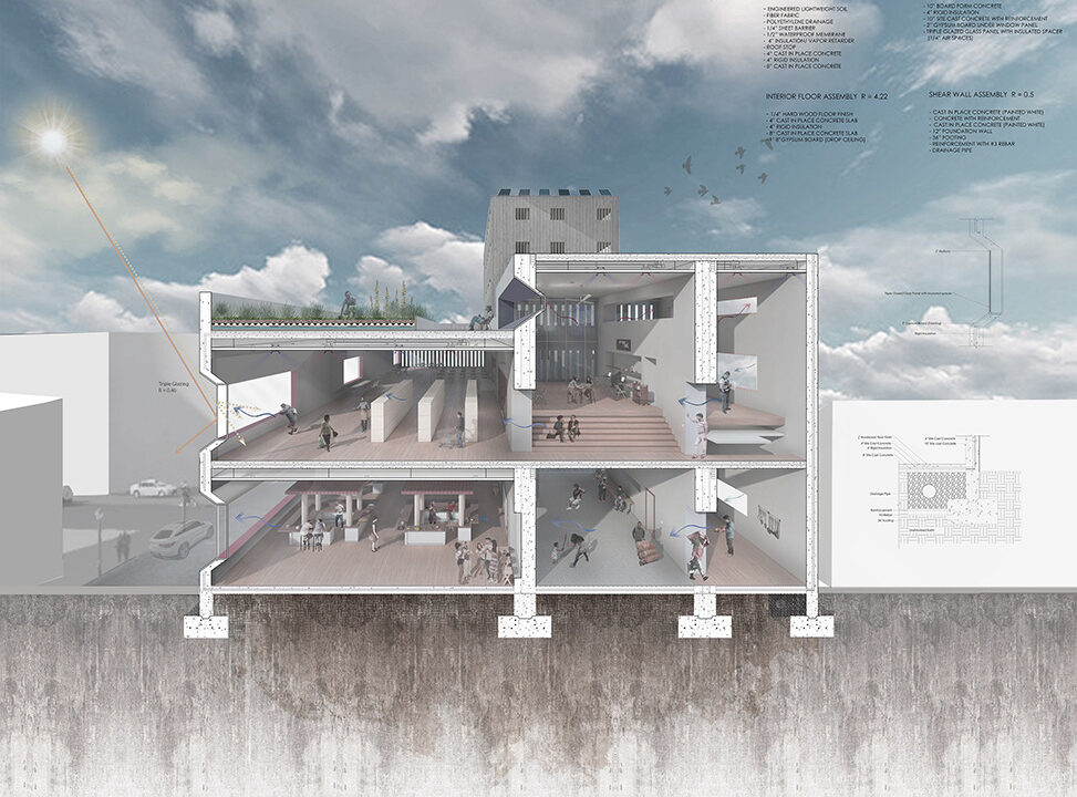 Cross section of a building in Caguas, Puerto Rico, that included a community indoor market that could transform into an evacuation center with first aid medical response during storm scenarios.