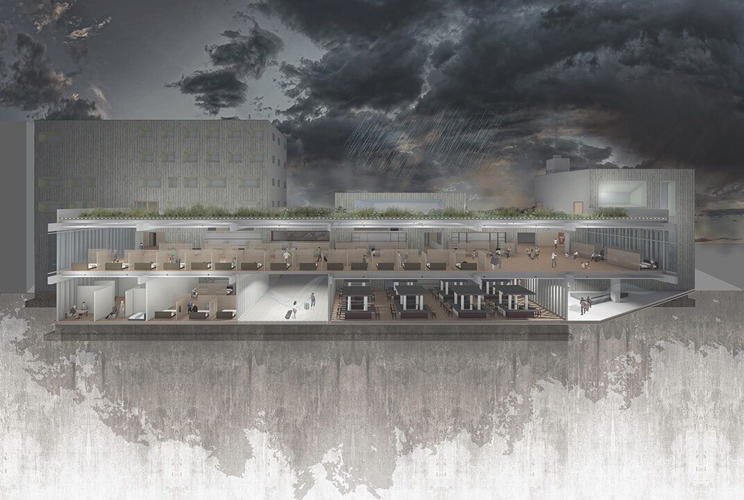 Artistic rendering of a building in Caguas, Puerto Rico, that included a community indoor market that could transform into an evacuation center with first aid medical response during storm scenarios.