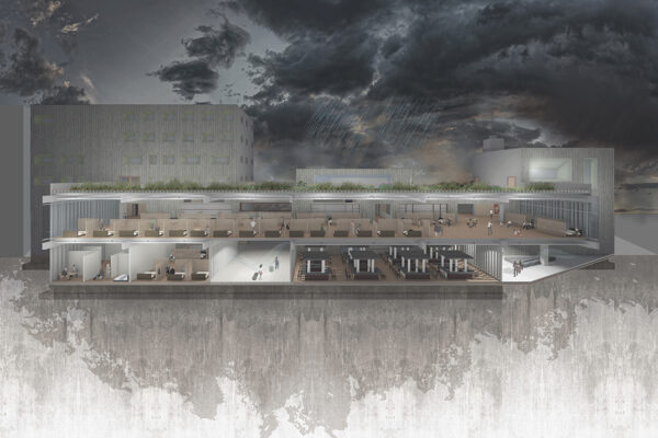 Artistic rendering of a building in Caguas, Puerto Rico, that included a community indoor market that could transform into an evacuation center with first aid medical response during storm scenarios.