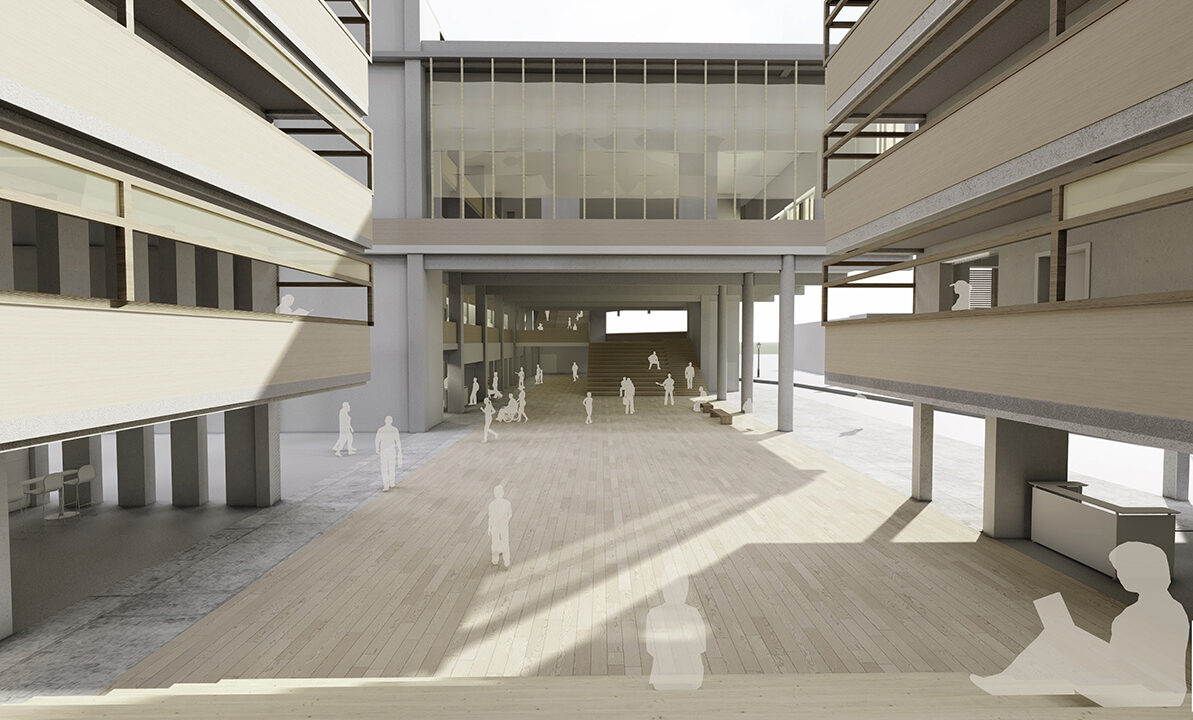 Interior courtyard of a building in Caguas, Puerto Rico, that included a community indoor market that could transform into an evacuation center with first aid medical response during storm scenarios.