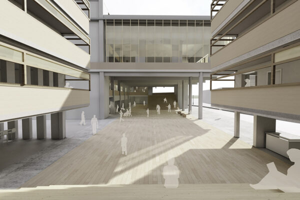 Interior courtyard of a building in Caguas, Puerto Rico, that included a community indoor market that could transform into an evacuation center with first aid medical response during storm scenarios.
