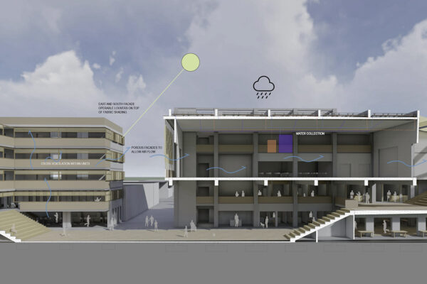 Exterior view with cross section of a building in Caguas, Puerto Rico, that included a community indoor market that could transform into an evacuation center with first aid medical response during storm scenarios.