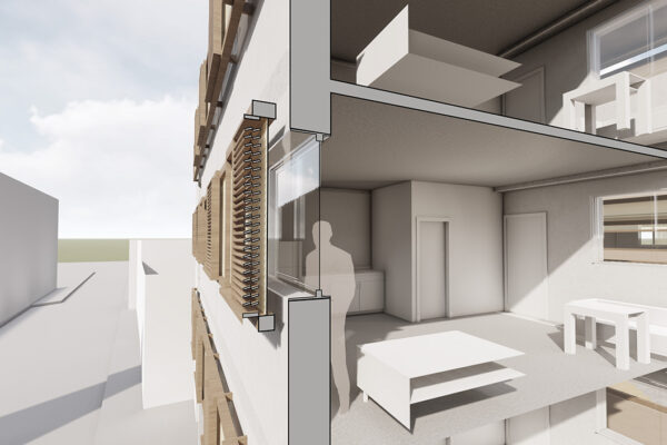 Cross section of a room in a building in Caguas, Puerto Rico, that included a community indoor market that could transform into an evacuation center with first aid medical response during storm scenarios.