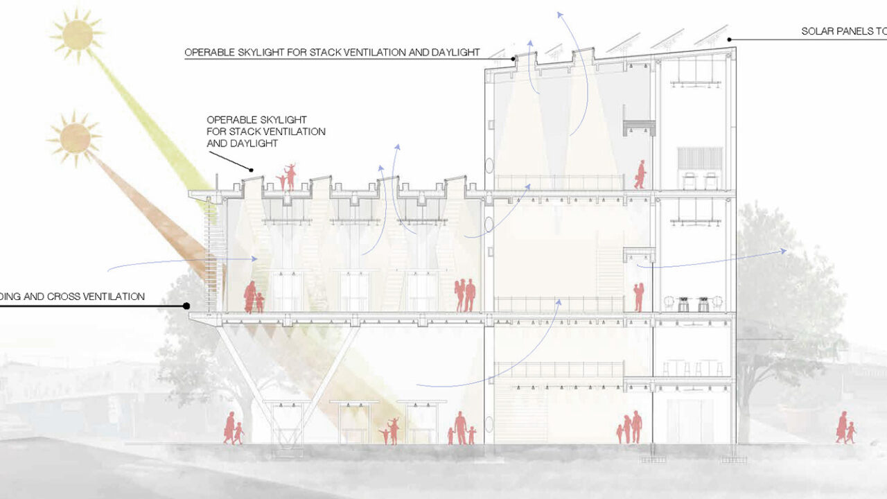 Blueprint-like view of a cross section of a building in Caguas, Puerto Rico, that included a community indoor market.
