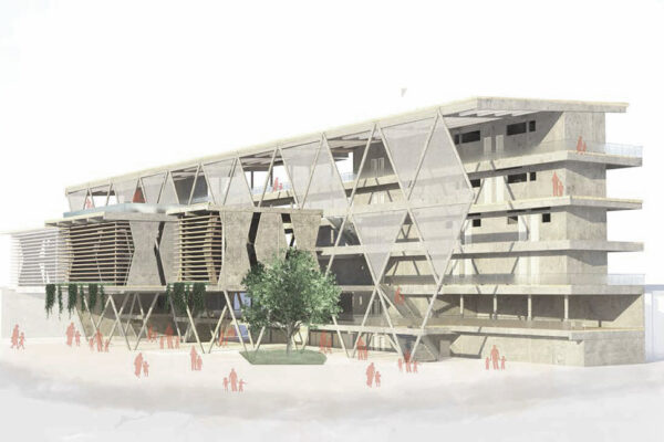 Rendering of an exterior view of a building in Caguas, Puerto Rico, that included a community indoor market.