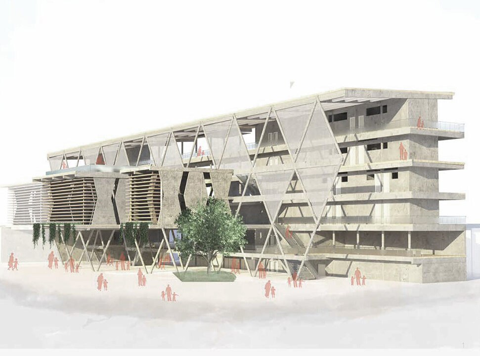 Rendering of an exterior view of a building in Caguas, Puerto Rico, that included a community indoor market.