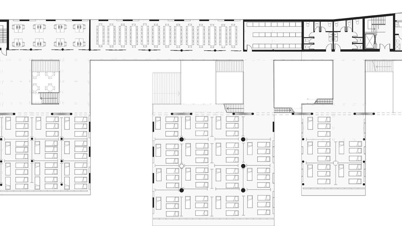 Interior floor plan of a building in Caguas, Puerto Rico, that included a community indoor market that could transform into an evacuation center with first aid medical response during storm scenarios.