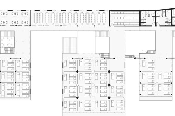 Interior floor plan of a building in Caguas, Puerto Rico, that included a community indoor market that could transform into an evacuation center with first aid medical response during storm scenarios.