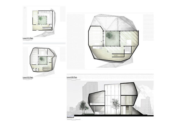 Architectural plans and a section view of a modern house with an inner courtyard with a tree.