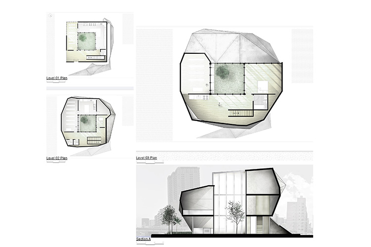 Architectural plans and a section view of a modern house with an inner courtyard with a tree.