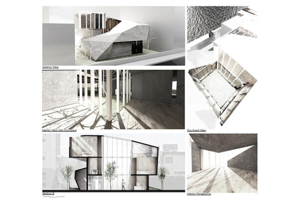 Architectural renderings and models showcasing a design with a unique, angular aesthetic, and a central courtyard.
