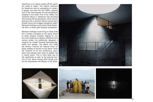 Images and text describing Naoshima, an island in Japan famous for its art and architecture.