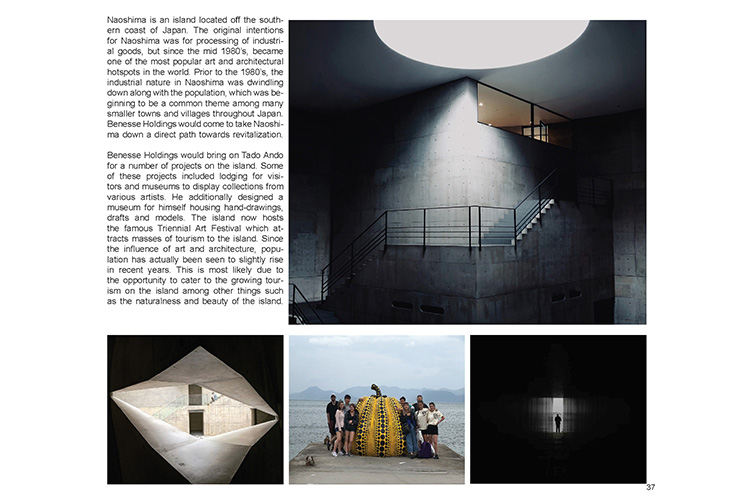Images and text describing Naoshima, an island in Japan famous for its art and architecture.