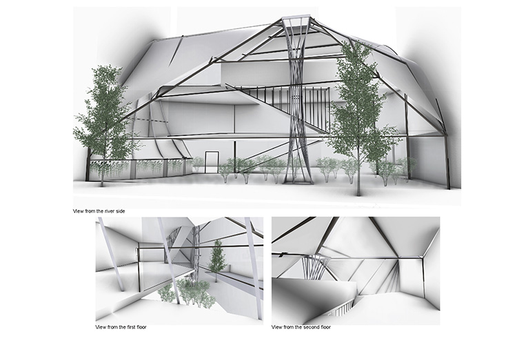 Architectural renderings of a building's interior, showing different perspectives of an open-concept space with multiple levels.