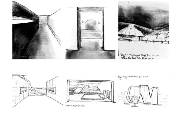 A collection of six architectural sketches of modern buildings.